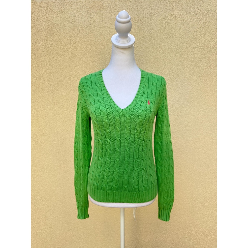 Vintage Ralph Lauren sport green cotton cable braid knit v neck sweater